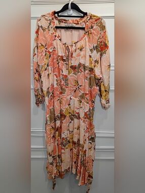 Dex Coral Floral Tie-Neck Tiered Mini Dress